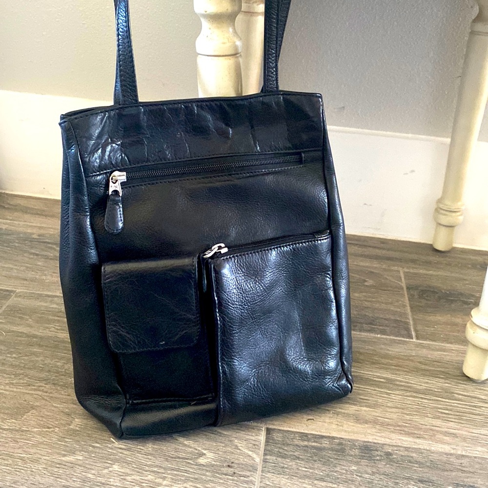 Chaos Black Leather Shoulder Bag Vintage with small Cell Phone Pocket!
